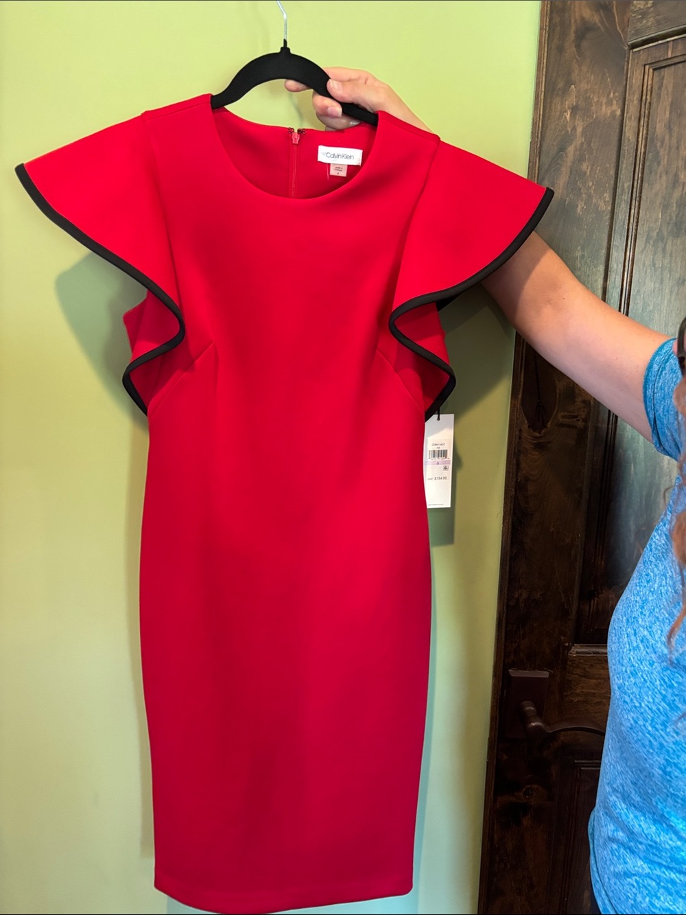 Calvin Klein Red Midi Dress with Black-Trim Flutter Sleeves